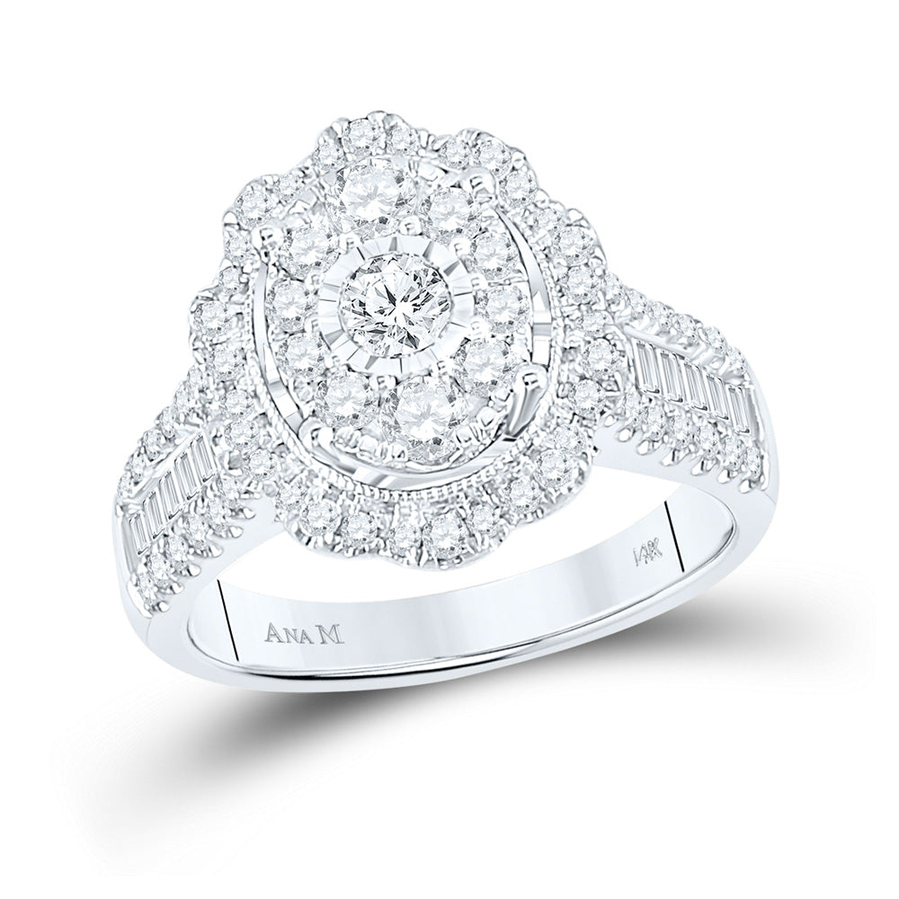 14K White Gold Womens Round Diamond Right Hand Cluster Oval Ring 1-1/2 Cttw, Womens Size: 5-10