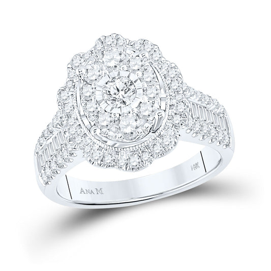 14K White Gold Womens Round Diamond Right Hand Cluster Oval Ring 1-1/2 Cttw, Womens Size: 5-10