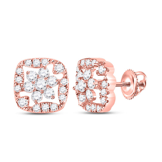 14K Rose Gold Womens Round Diamond Square Floral Cluster Earrings 3/8 Cttw