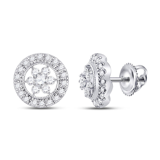 14K White Gold Womens Round Diamond Circle Floral Cluster Earrings 3/8 Cttw