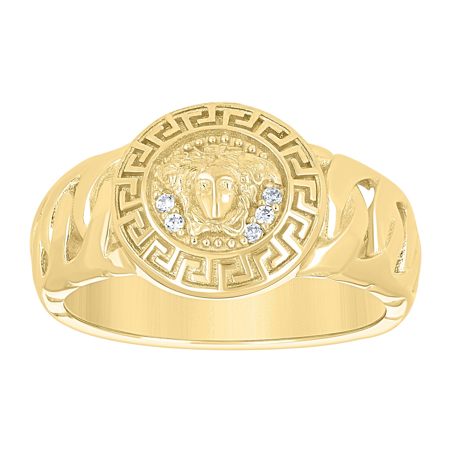 14kt Yellow Gold Mens Cubic-Zirconia Greek Key Medusa Fashion Ring– Elegant Jewelry Gift for Birthday, Anniversary, Engagement, Wedding
