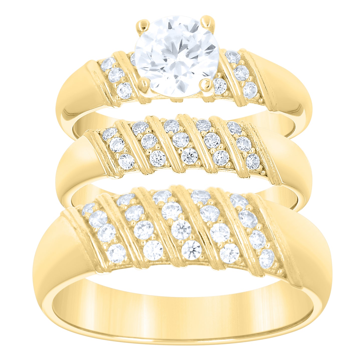 14kt Yellow Gold His & Hers Cubic-Zirconia Trio Ring Set, Women's Size 7 & Men's Size 10 – Elegant Jewelry Gift for Birthday, Anniversary, Engagement, Wedding