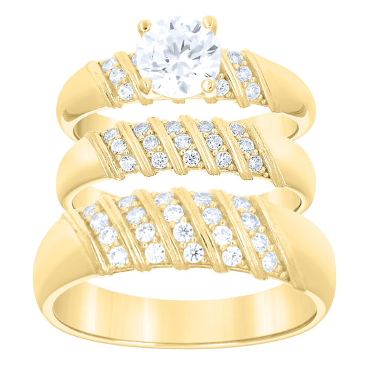 14kt Yellow Gold His & Hers Cubic-Zirconia Trio Ring Set, Women's Size 7 & Men's Size 10 – Elegant Jewelry Gift for Birthday, Anniversary, Engagement, Wedding