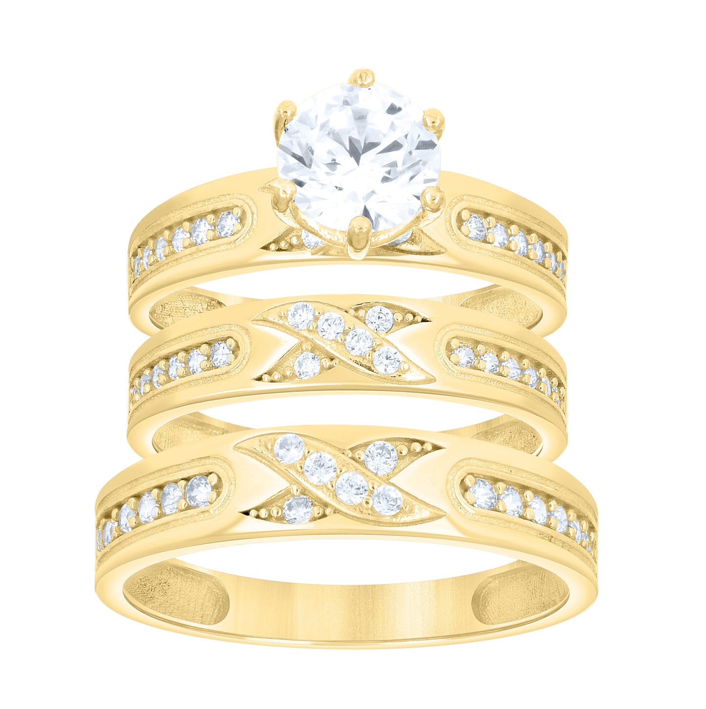 14kt Yellow Gold His & Hers Cubic-Zirconia Trio Ring Set, Women's Size 7 & Men's Size 10 – Elegant Jewelry Gift for Birthday, Anniversary, Engagement, Wedding