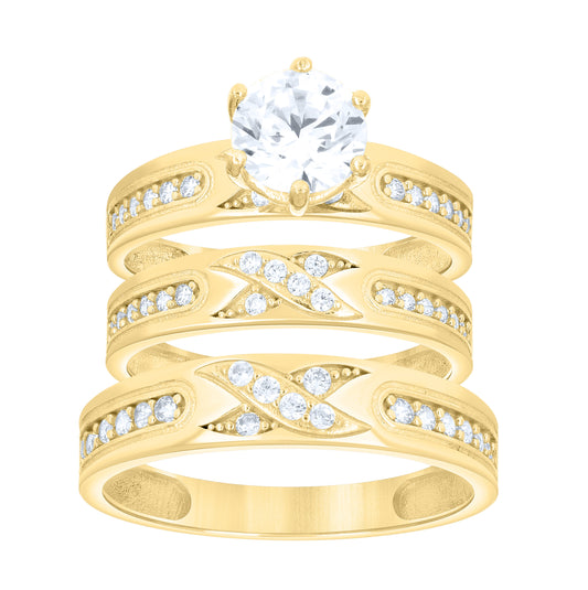 14kt Yellow Gold His & Hers Cubic-Zirconia Trio Ring Set, Women's Size 7 & Men's Size 10 – Elegant Jewelry Gift for Birthday, Anniversary, Engagement, Wedding