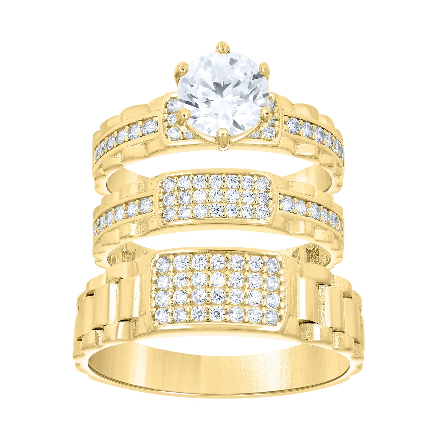 14kt Yellow Gold His & Hers Cubic-Zirconia Trio Ring Set, Women's Size 7 & Men's Size 10 – Elegant Jewelry Gift for Birthday, Anniversary, Engagement, Wedding