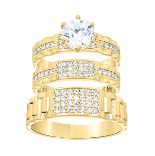 14kt Yellow Gold His & Hers Cubic-Zirconia Trio Ring Set, Women's Size 7 & Men's Size 10 – Elegant Jewelry Gift for Birthday, Anniversary, Engagement, Wedding