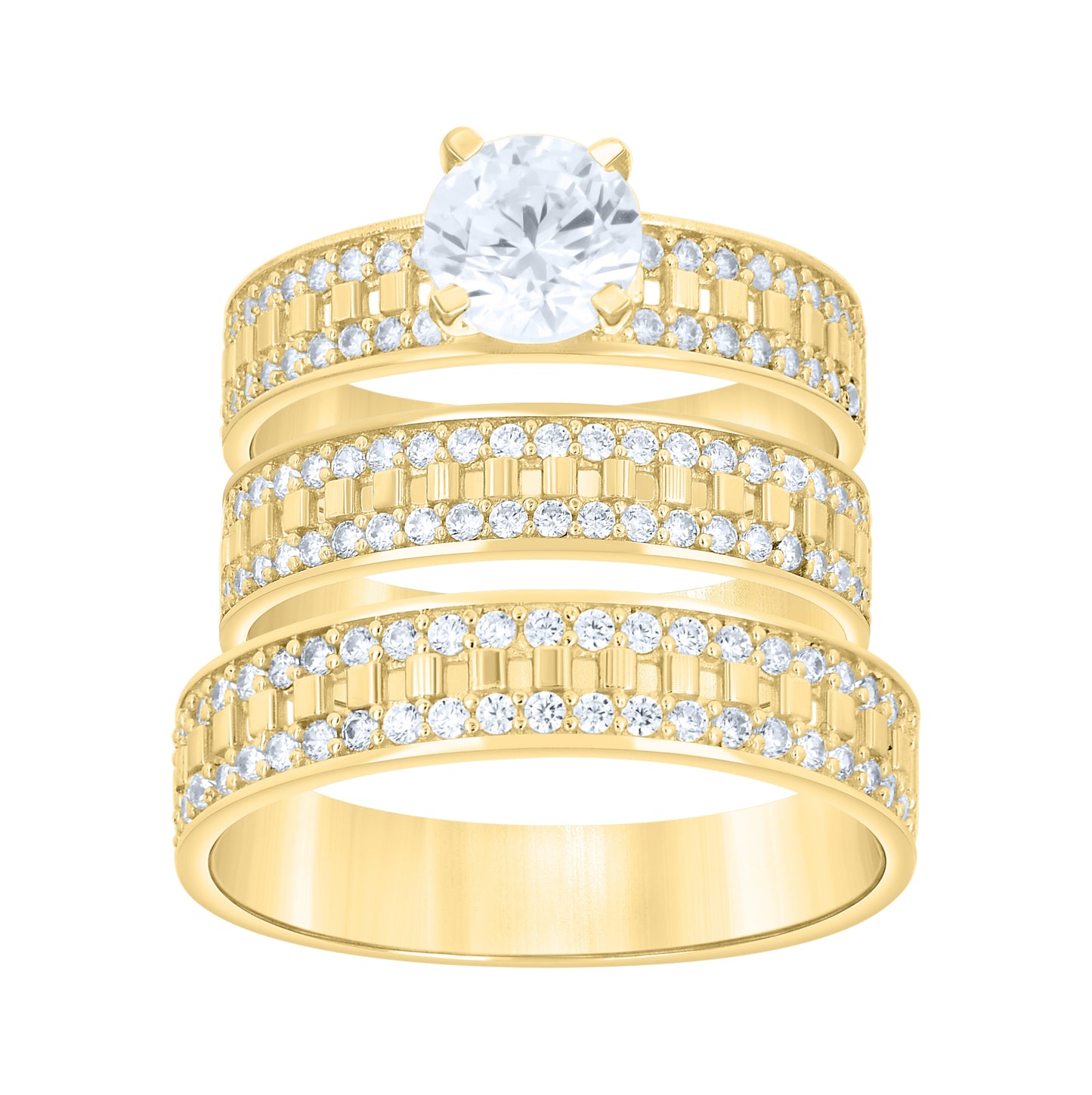 14kt Yellow Gold His & Hers Cubic-Zirconia Trio Ring Set, Women's Size 7 & Men's Size 10 – Elegant Jewelry Gift for Birthday, Anniversary, Engagement, Wedding