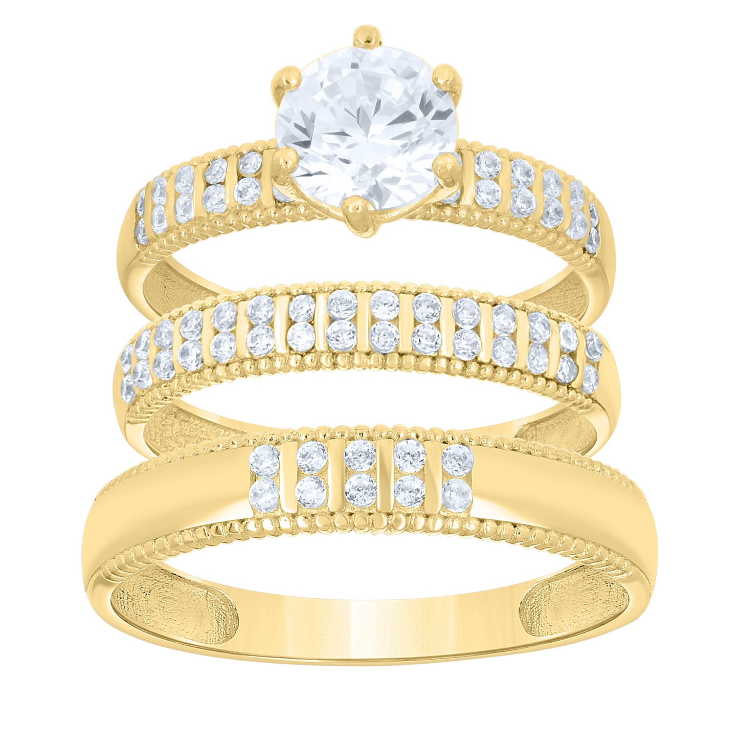 14kt Yellow Gold His & Hers Cubic-Zirconia Trio Ring Set, Women's Size 7 & Men's Size 10 – Elegant Jewelry Gift for Birthday, Anniversary, Engagement, Wedding