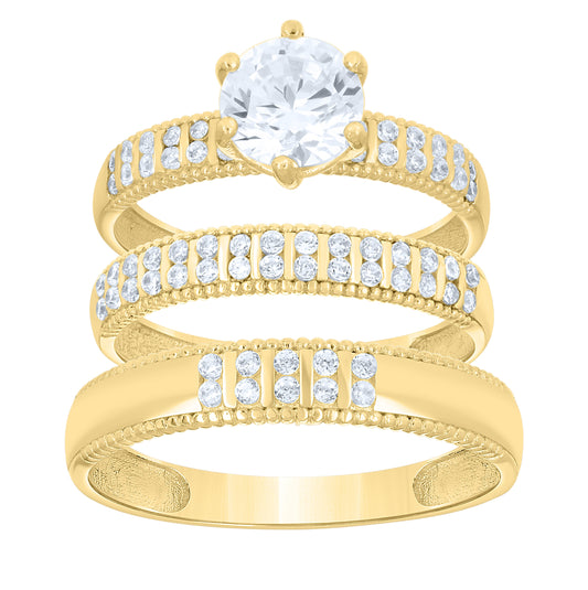14kt Yellow Gold His & Hers Cubic-Zirconia Trio Ring Set, Women's Size 7 & Men's Size 10 – Elegant Jewelry Gift for Birthday, Anniversary, Engagement, Wedding