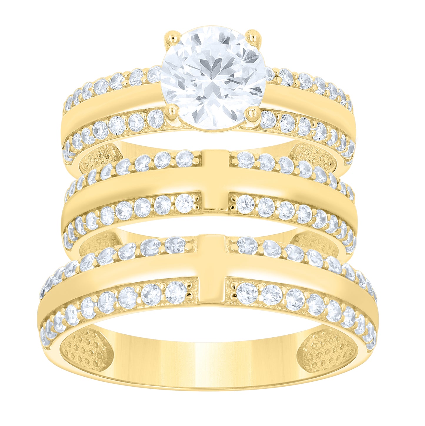 14kt Yellow Gold His & Hers Cubic-Zirconia Trio Ring Set, Women's Size 7 & Men's Size 10 – Elegant Jewelry Gift for Birthday, Anniversary, Engagement, Wedding