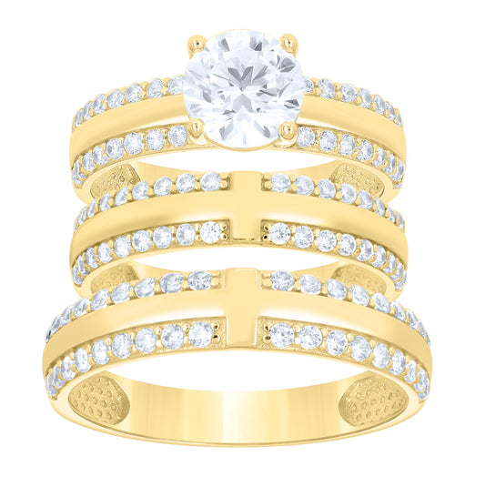 14kt Yellow Gold His & Hers Cubic-Zirconia Trio Ring Set, Women's Size 7 & Men's Size 10 – Elegant Jewelry Gift for Birthday, Anniversary, Engagement, Wedding