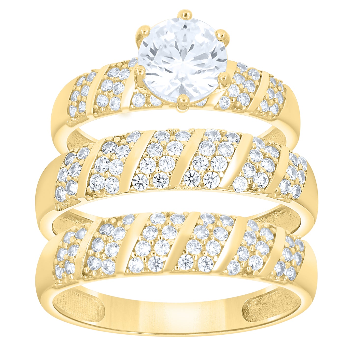14kt Yellow Gold His & Hers Cubic-Zirconia Trio Ring Set, Women's Size 7 & Men's Size 10 – Elegant Jewelry Gift for Birthday, Anniversary, Engagement, Wedding