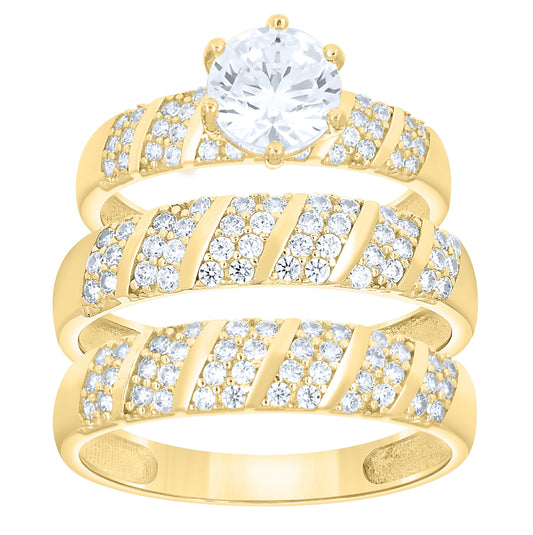 14kt Yellow Gold His & Hers Cubic-Zirconia Trio Ring Set, Women's Size 7 & Men's Size 10 – Elegant Jewelry Gift for Birthday, Anniversary, Engagement, Wedding