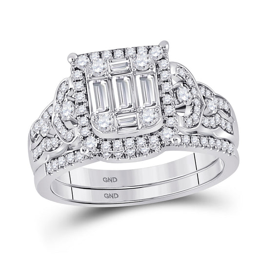 14K White Gold Baguette Diamond Square Bridal Wedding Ring Band Set 1 Cttw, Womens Size: 5-10