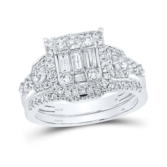 14K White Gold Baguette Diamond Bridal Wedding Ring Band Set 7/8 Cttw, Womens Size: 5-10