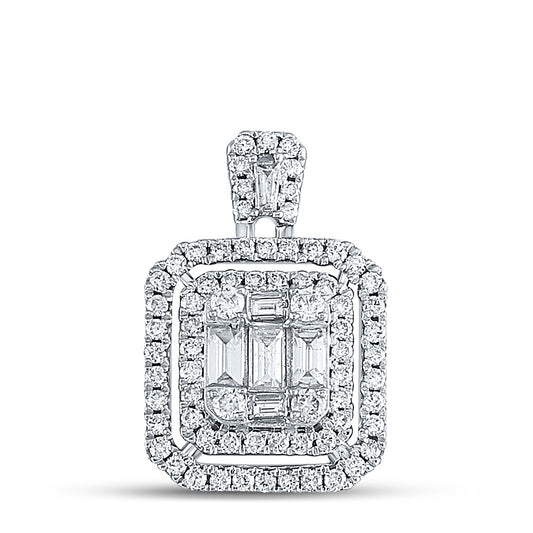 14K White Gold Womens Baguette Diamond Square Cluster Pendant 1 Cttw, Length: 0.78 In, Width: 0.5 In