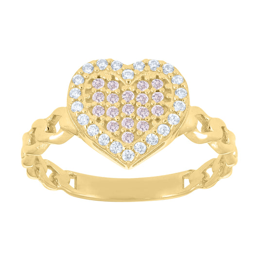 14kt Yellow Gold Womens Pink White Cubic-Zirconia Cuban Heart Love Ring– Elegant Jewelry Gift for Birthday, Anniversary, Engagement, Wedding