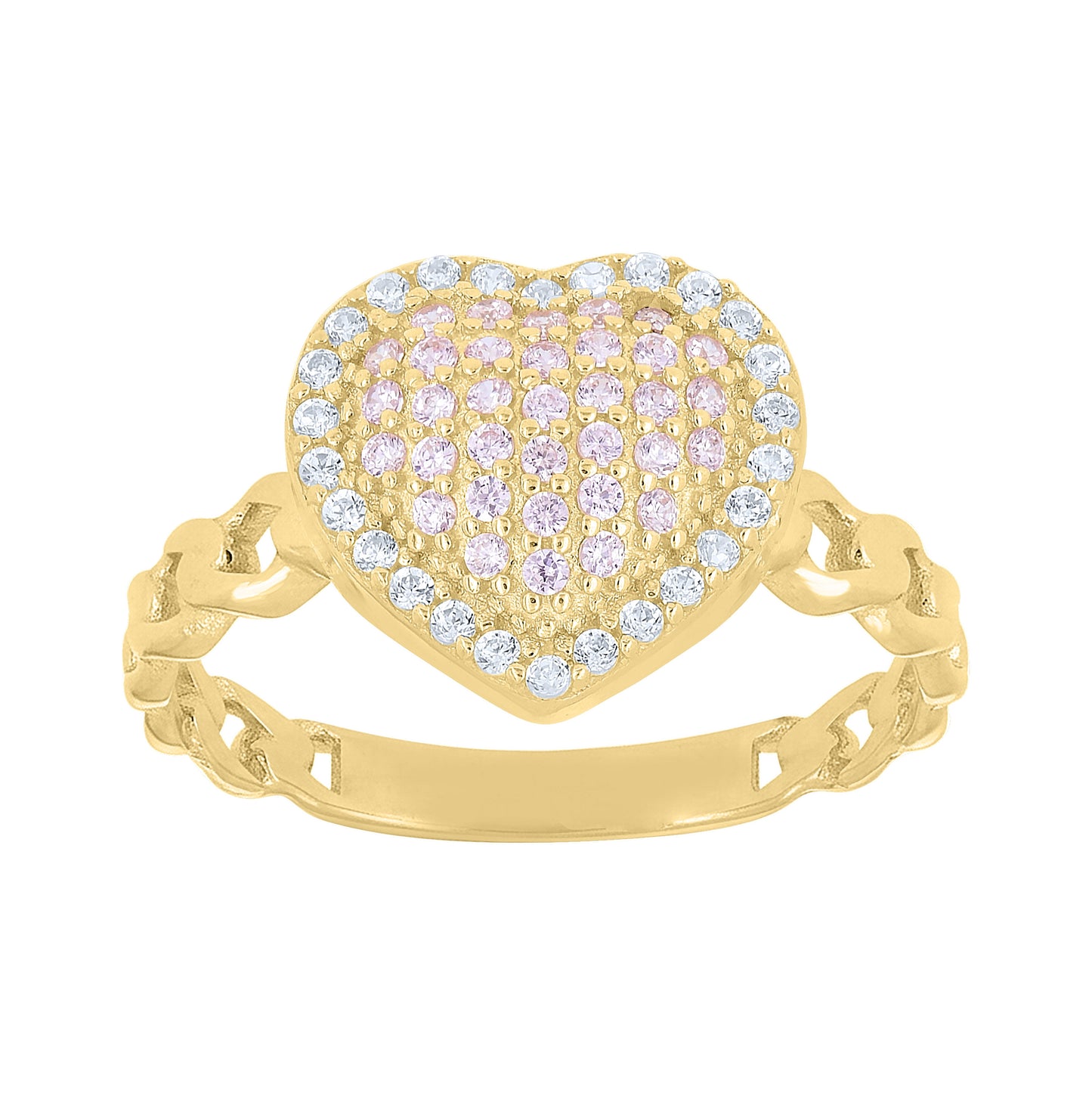 14kt Yellow Gold Womens Pink White Cubic-Zirconia Cuban Heart Love Ring– Elegant Jewelry Gift for Birthday, Anniversary, Engagement, Wedding