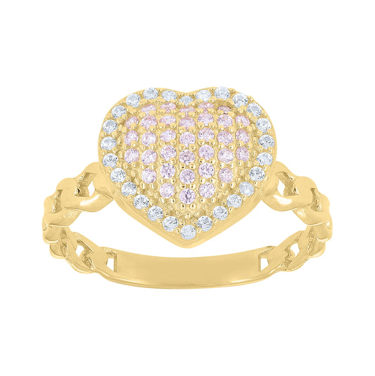 14kt Yellow Gold Womens Pink White Cubic-Zirconia Cuban Heart Love Ring– Elegant Jewelry Gift for Birthday, Anniversary, Engagement, Wedding