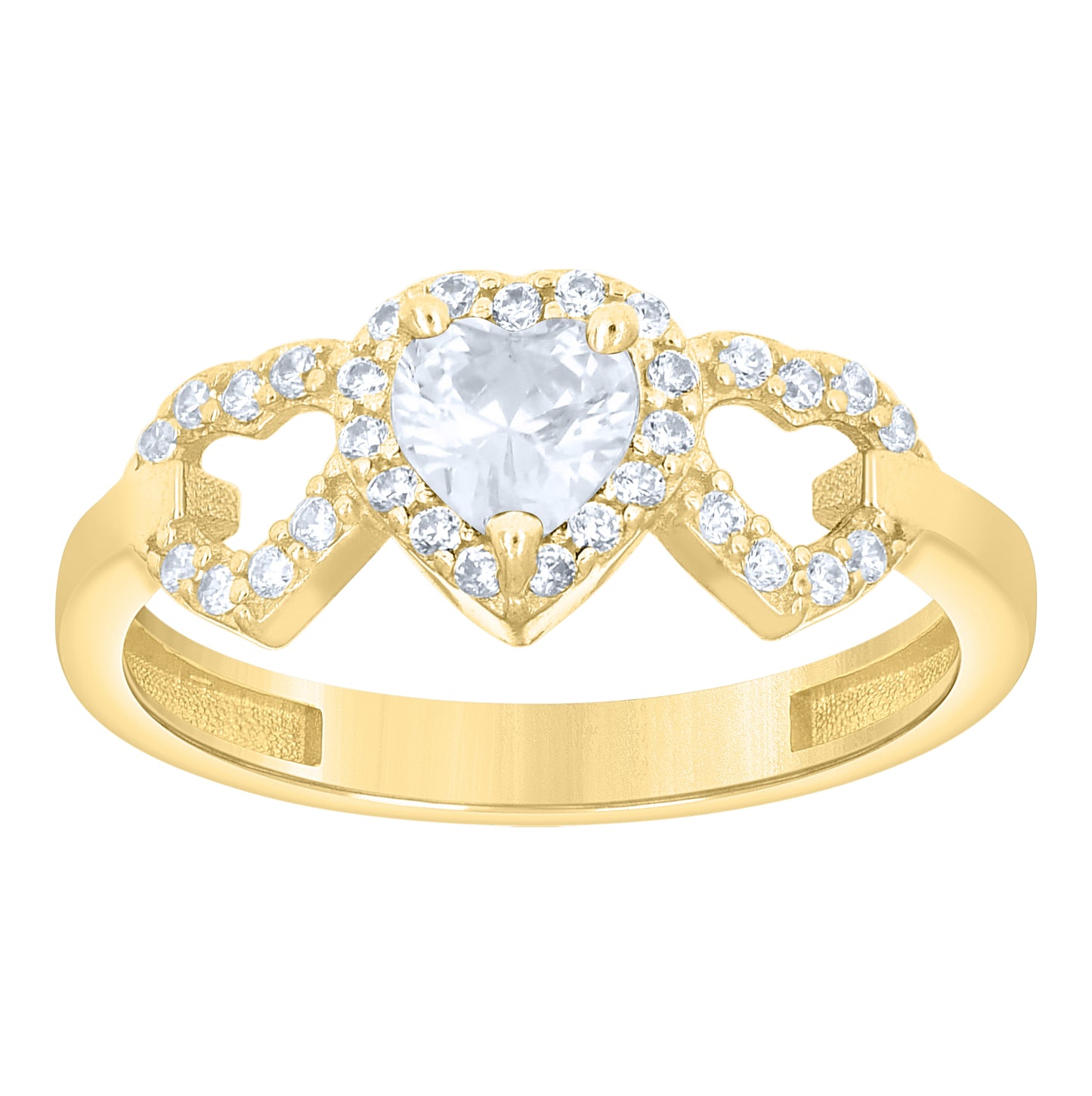 14kt Yellow Gold Womens Round Heart White Blue Cubic-Zirconia Triple Heart Ring– Elegant Jewelry Gift for Birthday, Anniversary, Engagement, Wedding