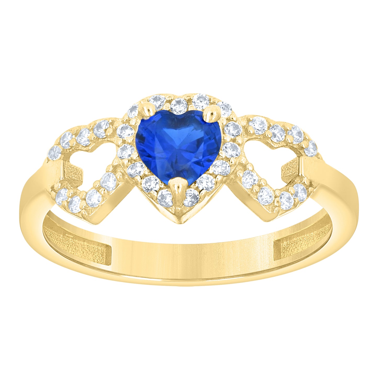 14kt Yellow Gold Womens Round Heart White Blue Cubic-Zirconia Triple Heart Ring– Elegant Jewelry Gift for Birthday, Anniversary, Engagement, Wedding