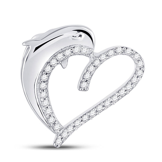 10K White Gold Womens Round Diamond Heart Dolphin Pendant 1/5 Cttw