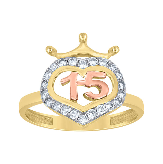 10kt Tri-Color Gold Womens Cubic-Zirconia Crown Heart Anos 15 Quinceanera Ring– Elegant Jewelry Gift for Birthday, Anniversary, Engagement, Wedding