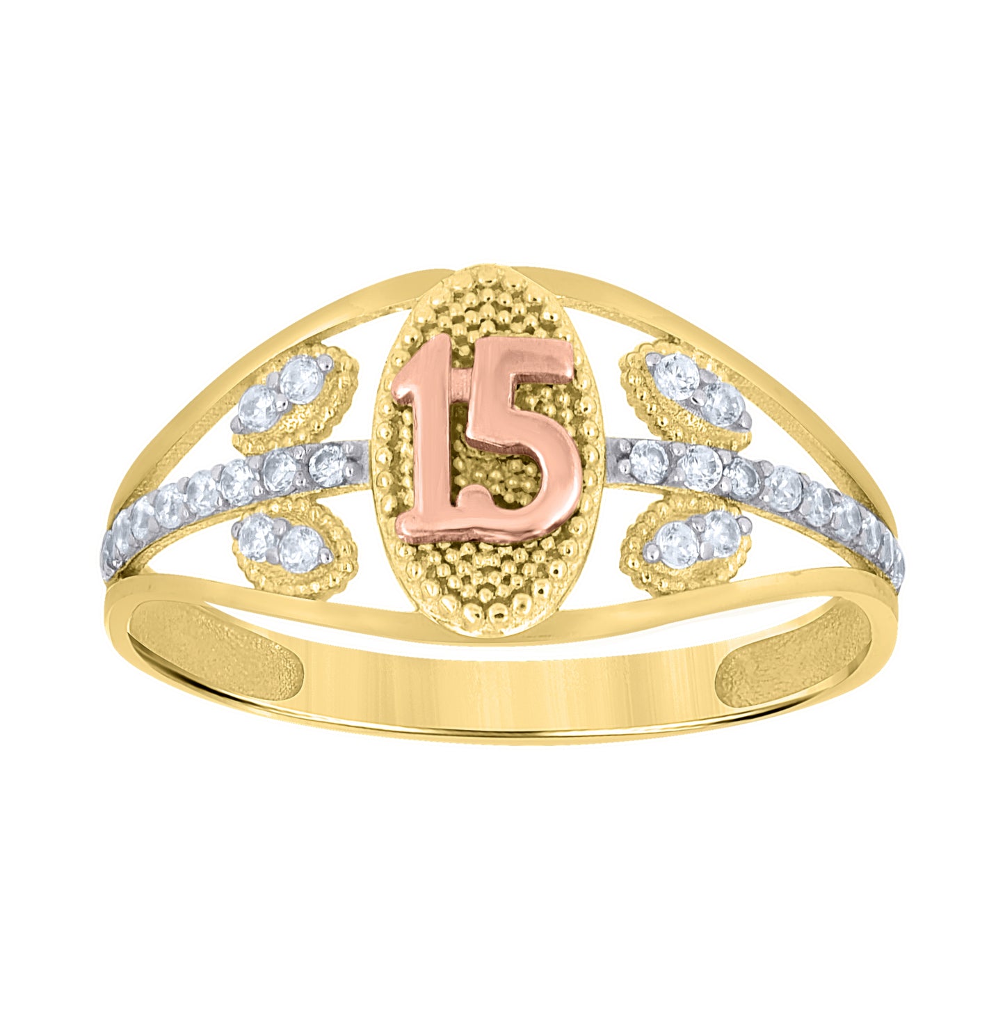 10kt Tri-Color Gold Womens Cubic-Zirconia Anos 15 Quinceanera Ring– Elegant Jewelry Gift for Birthday, Anniversary, Engagement, Wedding