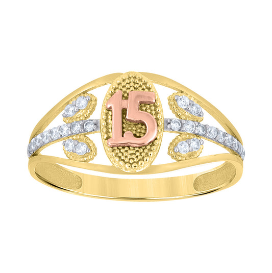 10kt Tri-Color Gold Womens Cubic-Zirconia Anos 15 Quinceanera Ring– Elegant Jewelry Gift for Birthday, Anniversary, Engagement, Wedding