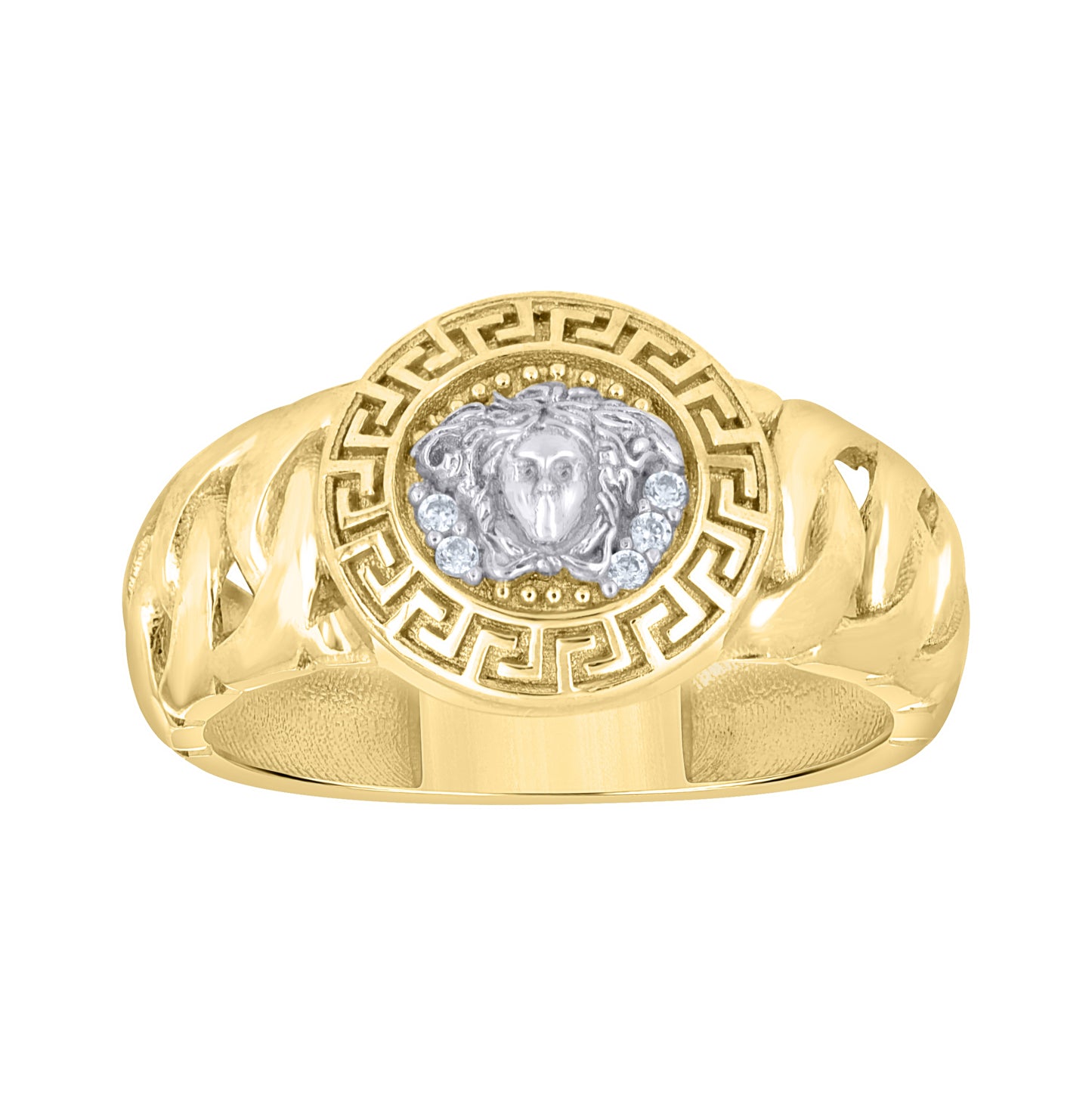 10kt Two-Tone Gold Womens Cubic-Zirconia Greek Key Medusa Fashion Ring– Elegant Jewelry Gift for Birthday, Anniversary, Engagement, Wedding