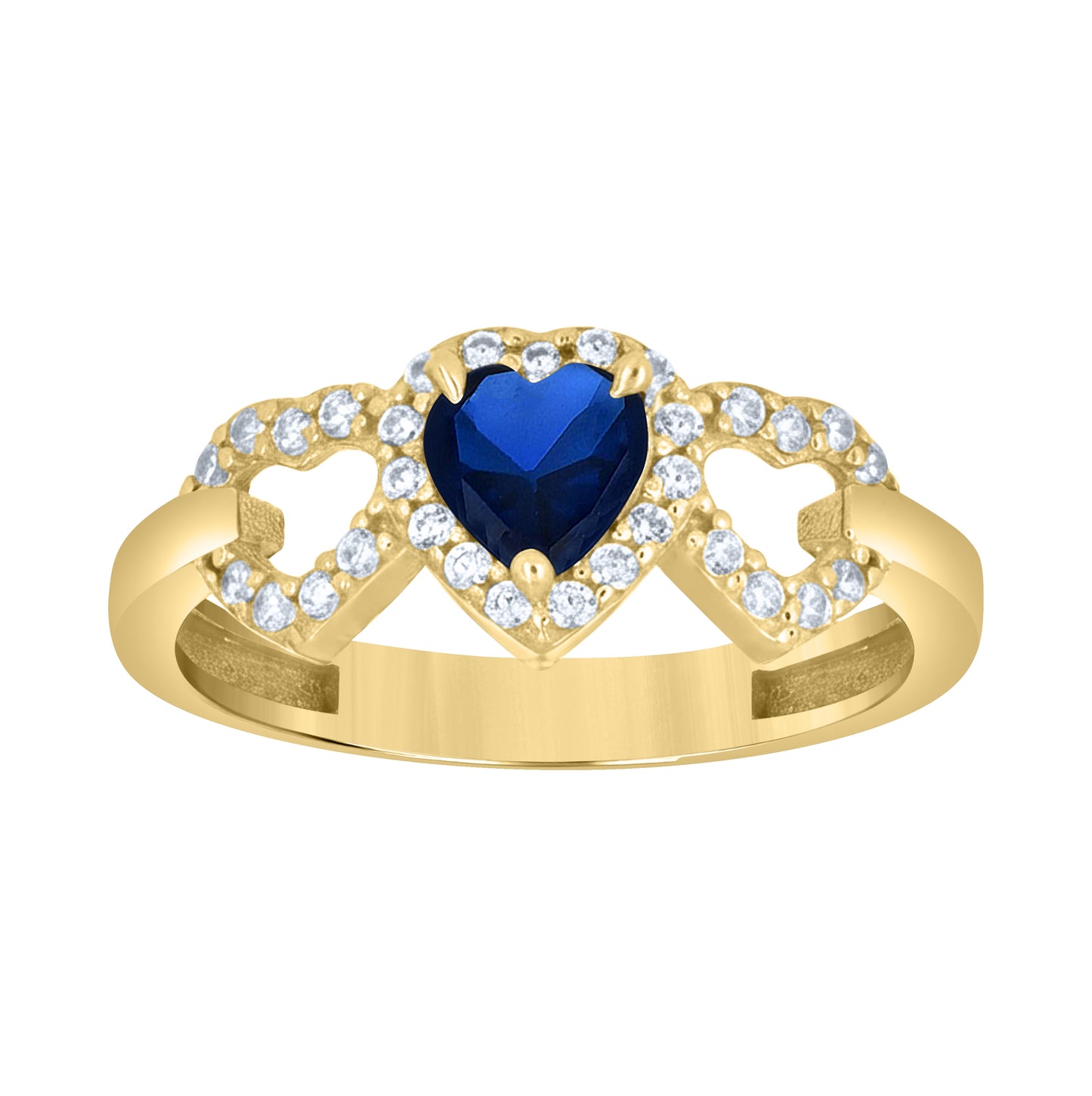 10kt Yellow Gold Womens Blue White Heart Round Cubic-Zirconia Triple Heart Ring– Elegant Jewelry Gift for Birthday, Anniversary, Engagement, Wedding