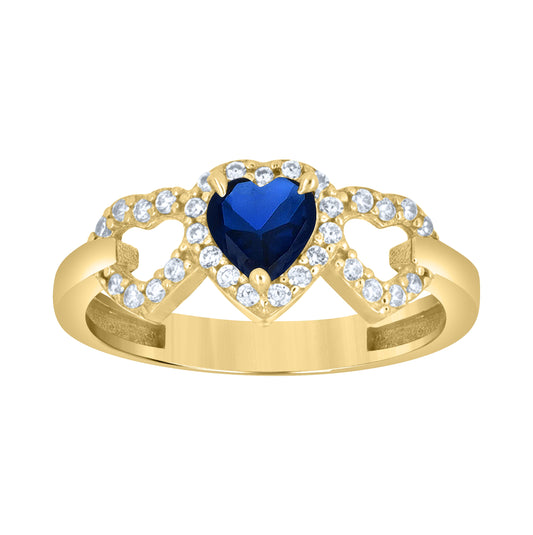 10kt Yellow Gold Womens Blue White Heart Round Cubic-Zirconia Triple Heart Ring– Elegant Jewelry Gift for Birthday, Anniversary, Engagement, Wedding