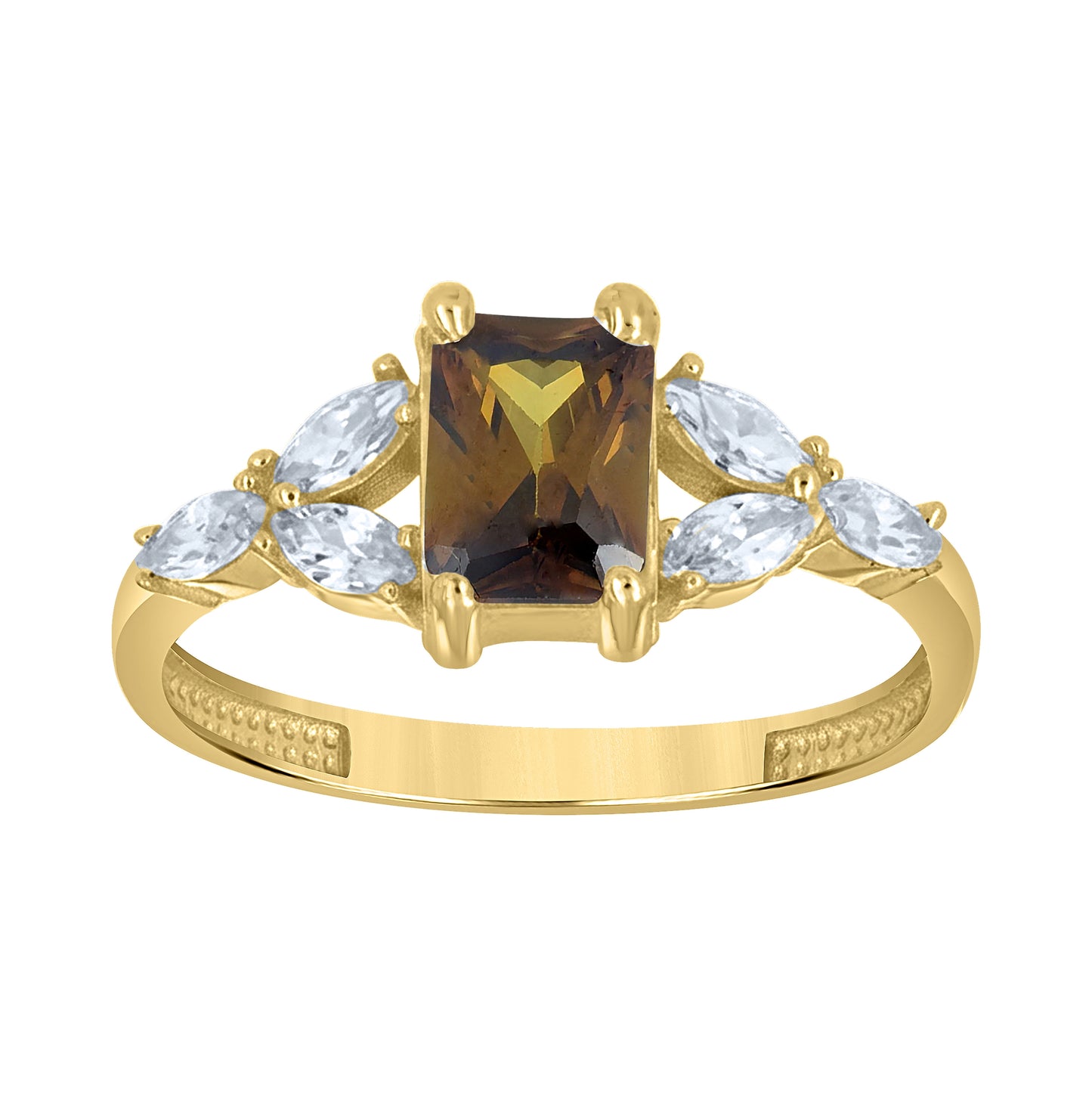 10kt Yellow Gold Womens Brown White Emerald-Cut Marquise Cubic-Zirconia Fashion Ring– Elegant Jewelry Gift for Birthday, Anniversary, Engagement, Wedding
