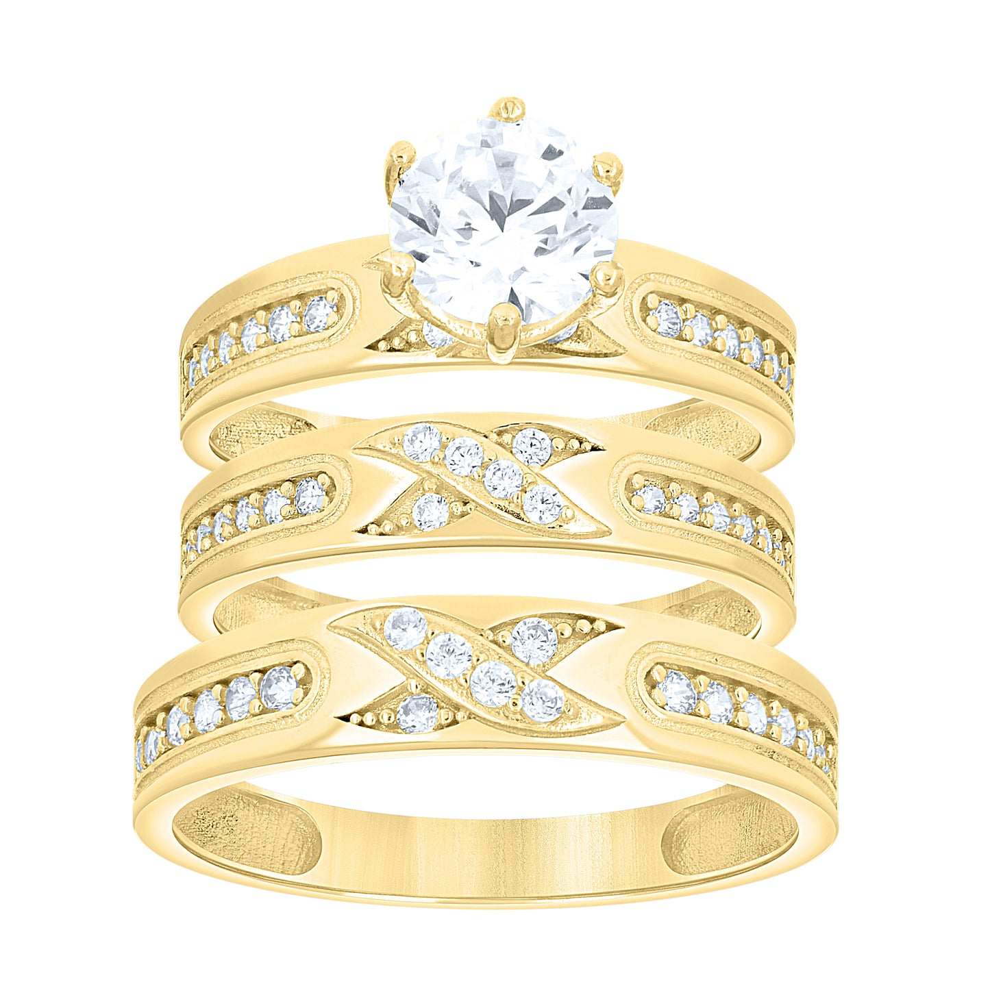 10kt Yellow Gold His & Her Cubic-Zirconia Trio Ring Set, Women's Size 7 & Men's Size 10 – Elegant Jewelry Gift for Birthday, Anniversary, Engagement, Wedding