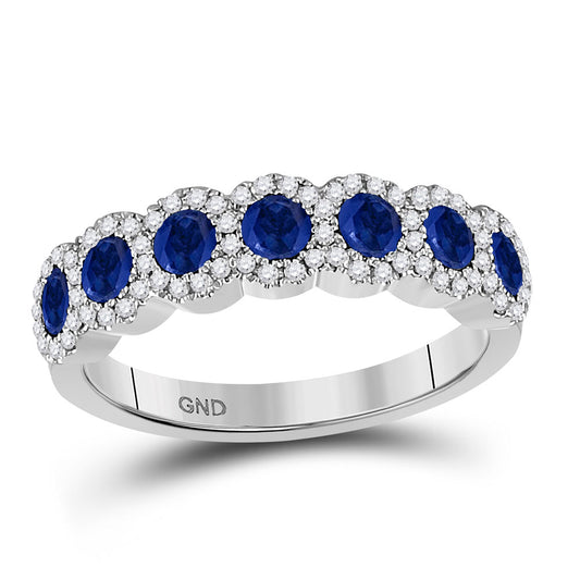 14K White Gold Womens Round Blue Sapphire Diamond Band Ring 1-1/4 Cttw, Womens Size: 5-10