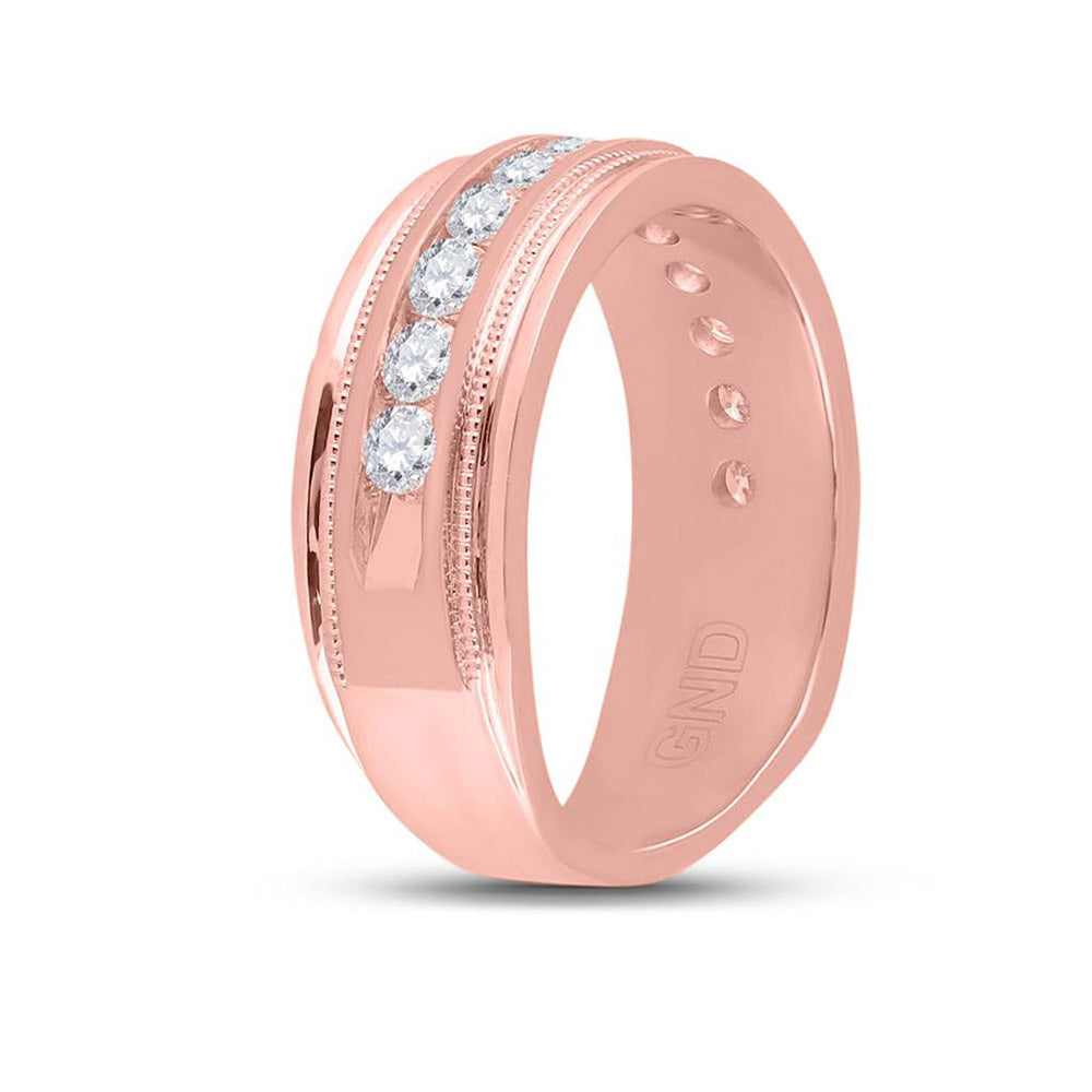 10K Rose Gold Mens Round Diamond Wedding Single Row Band Ring 1 Cttw, Mens Size: 7-13