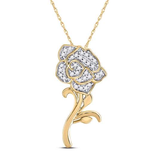 10K Yellow Gold Womens Round Diamond Rose Flower Pendant 1/10 Cttw
