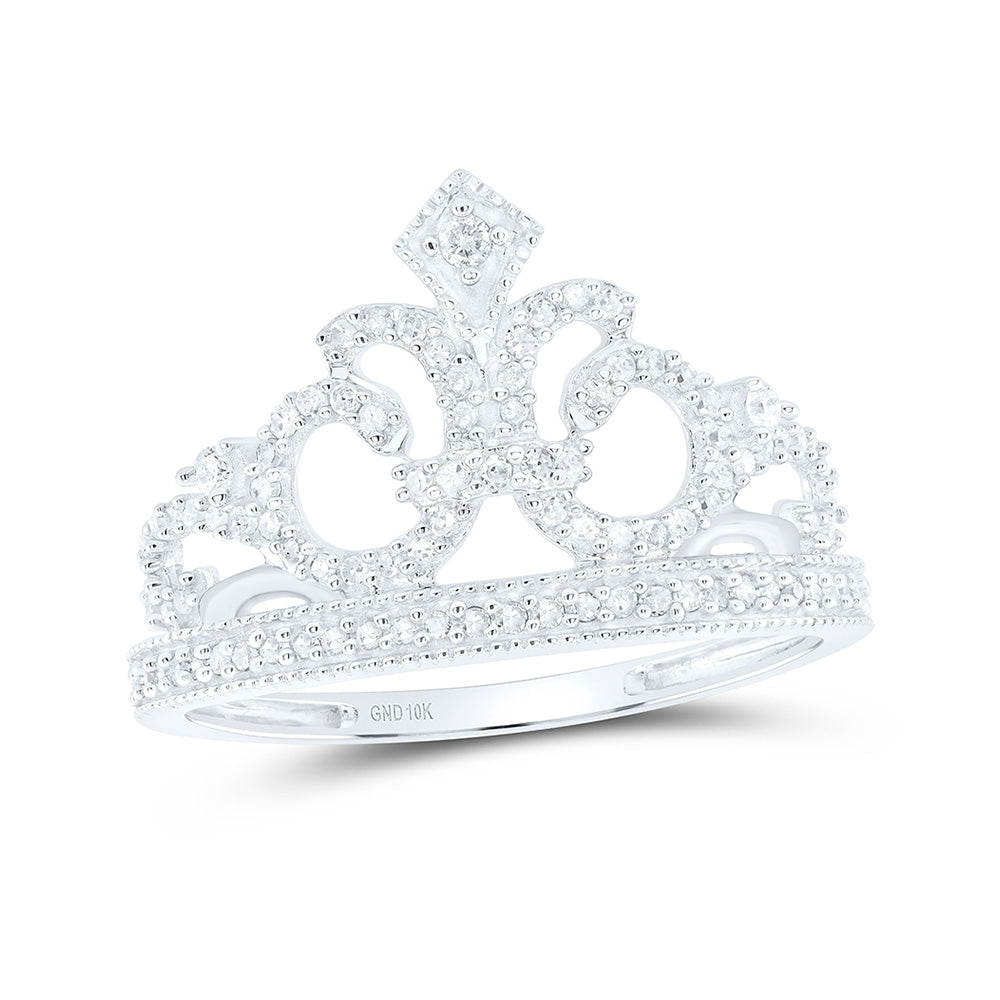 10K Yellow Or White Or Rose Gold Womens Round Diamond Fleur Crown Tiara Fashion Ring , Womens Size: 5-10