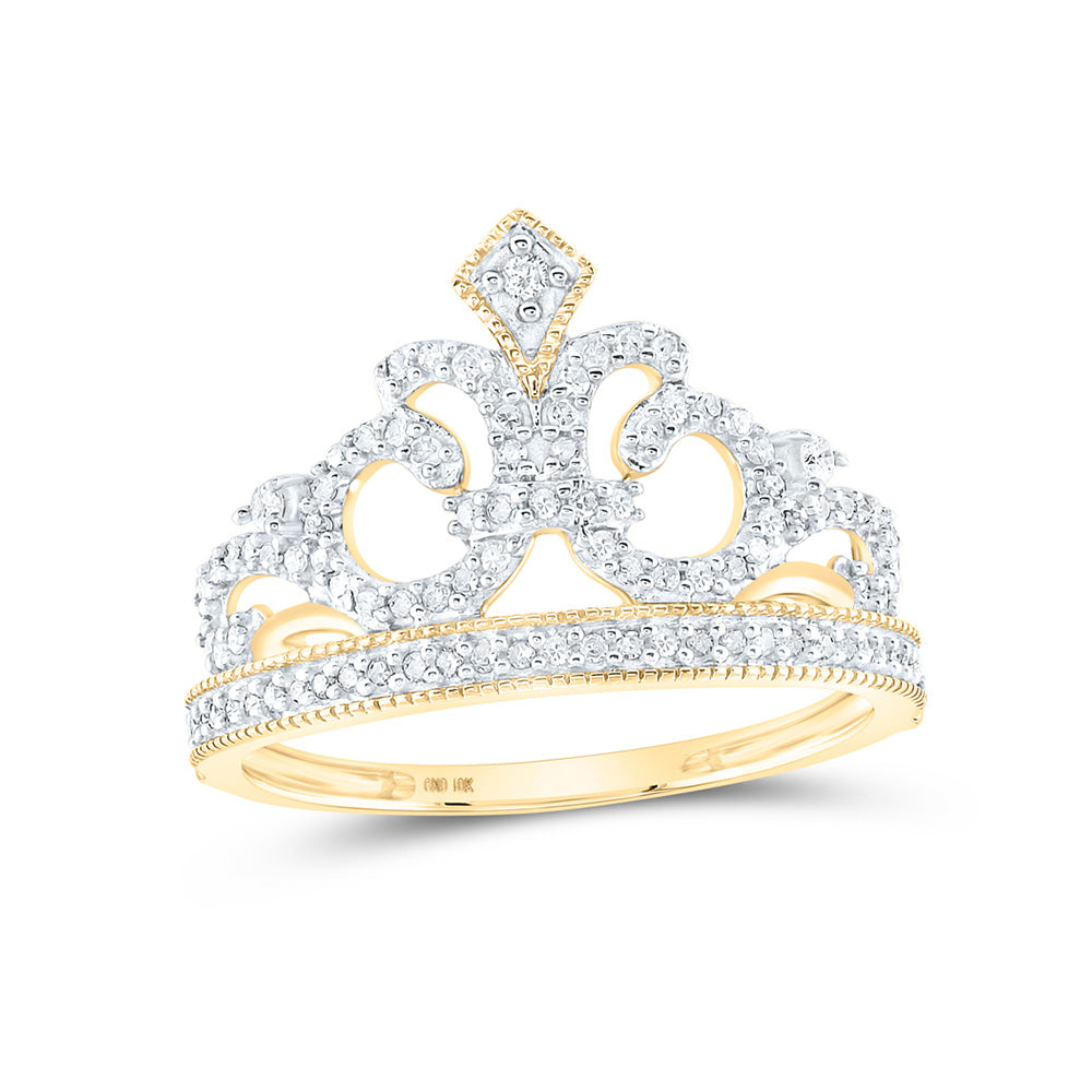 10K Yellow Or White Or Rose Gold Womens Round Diamond Fleur Crown Tiara Fashion Ring , Womens Size: 5-10