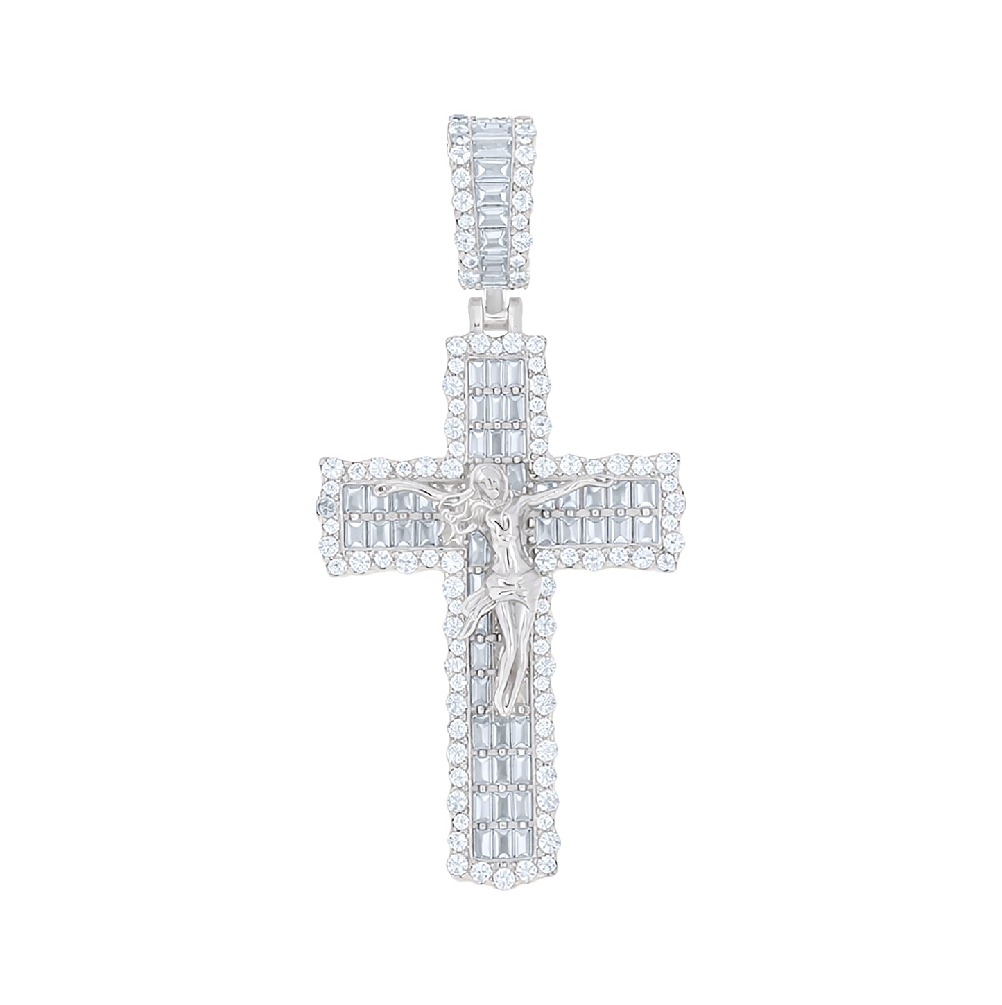 Sterling Silver Unisex Round Baguette Cubic-Zirconia Crucifix Cross Religious Charm Pendant – Elegant Jewelry Gift for Birthday, Anniversary, Engagement, Wedding