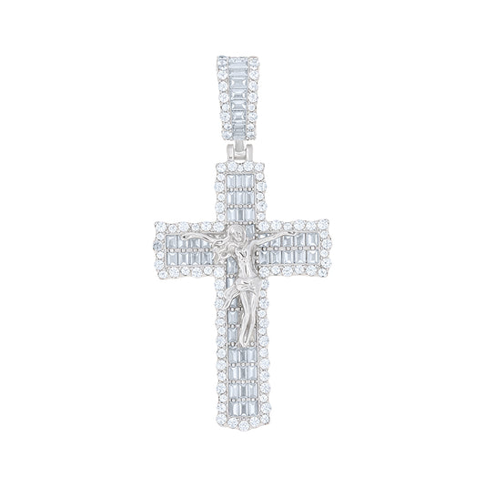 Sterling Silver Unisex Round Baguette Cubic-Zirconia Crucifix Cross Religious Charm Pendant – Elegant Jewelry Gift for Birthday, Anniversary, Engagement, Wedding