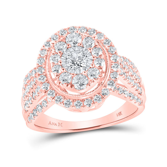 14K Yellow Or Rose Gold  Round Diamond Cluster Oval Bridal Wedding Engagement Ring 1-1/2 Cttw, Womens Size: 5-10