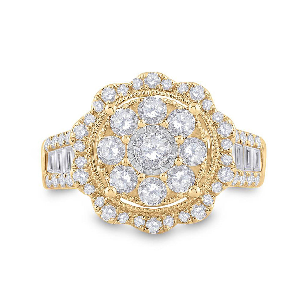 14K Yellow Gold  Womens Round Diamond Flower Cluster Ring 1-5/8 Cttw, Womens Size: 5-10