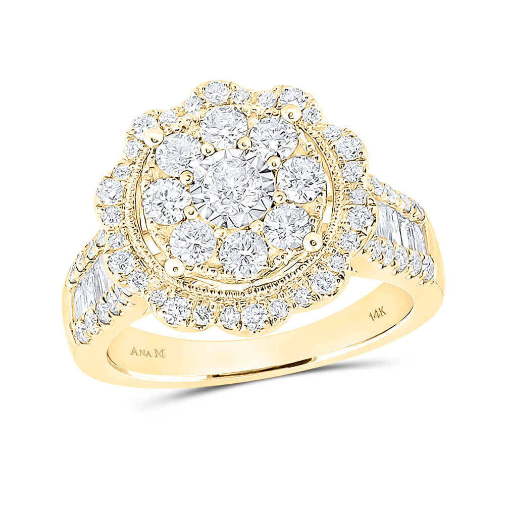 14K Yellow Gold  Womens Round Diamond Flower Cluster Ring 1-5/8 Cttw, Womens Size: 5-10