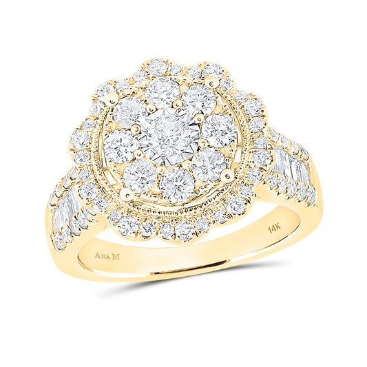14K Yellow Gold  Womens Round Diamond Flower Cluster Ring 1-5/8 Cttw, Womens Size: 5-10