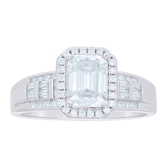 925 Sterling Silver Baguette/Emerald-Cut Moissanite Ring