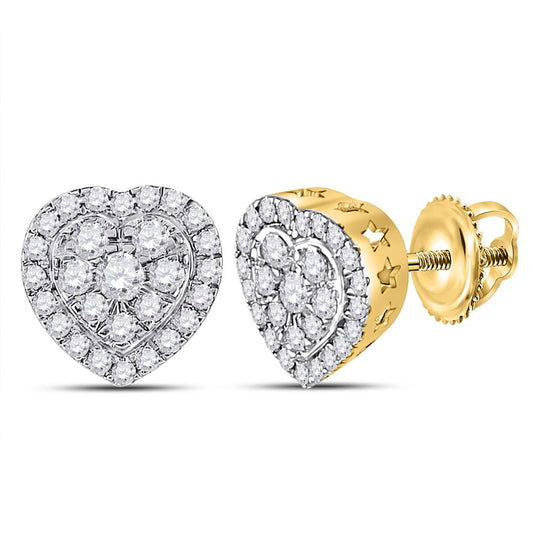 10K Yellow Gold Womens Round Diamond Heart Earrings 1/2 Cttw