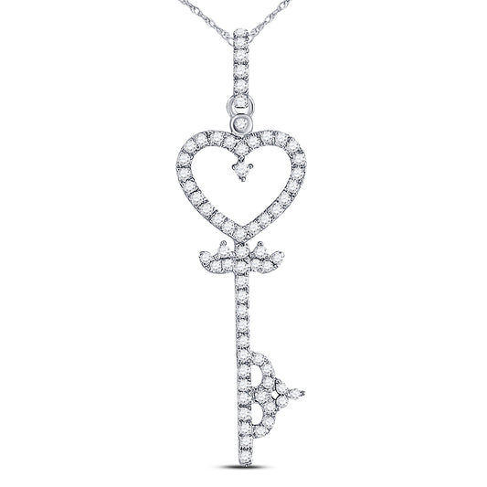10K White Gold Womens Round Diamond Key Heart Pendant 1/5 Cttw, Length: 1.24 In, Width: 0.38 In