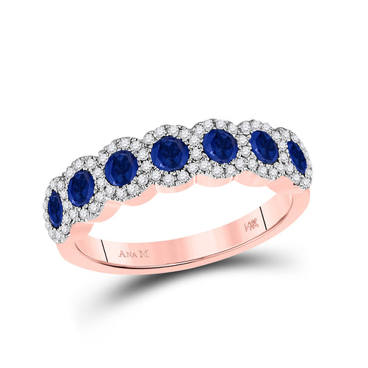 14K Rose Gold Womens Round Blue Sapphire Diamond Band Ring 1-1/4 Cttw, Womens Size: 5-10